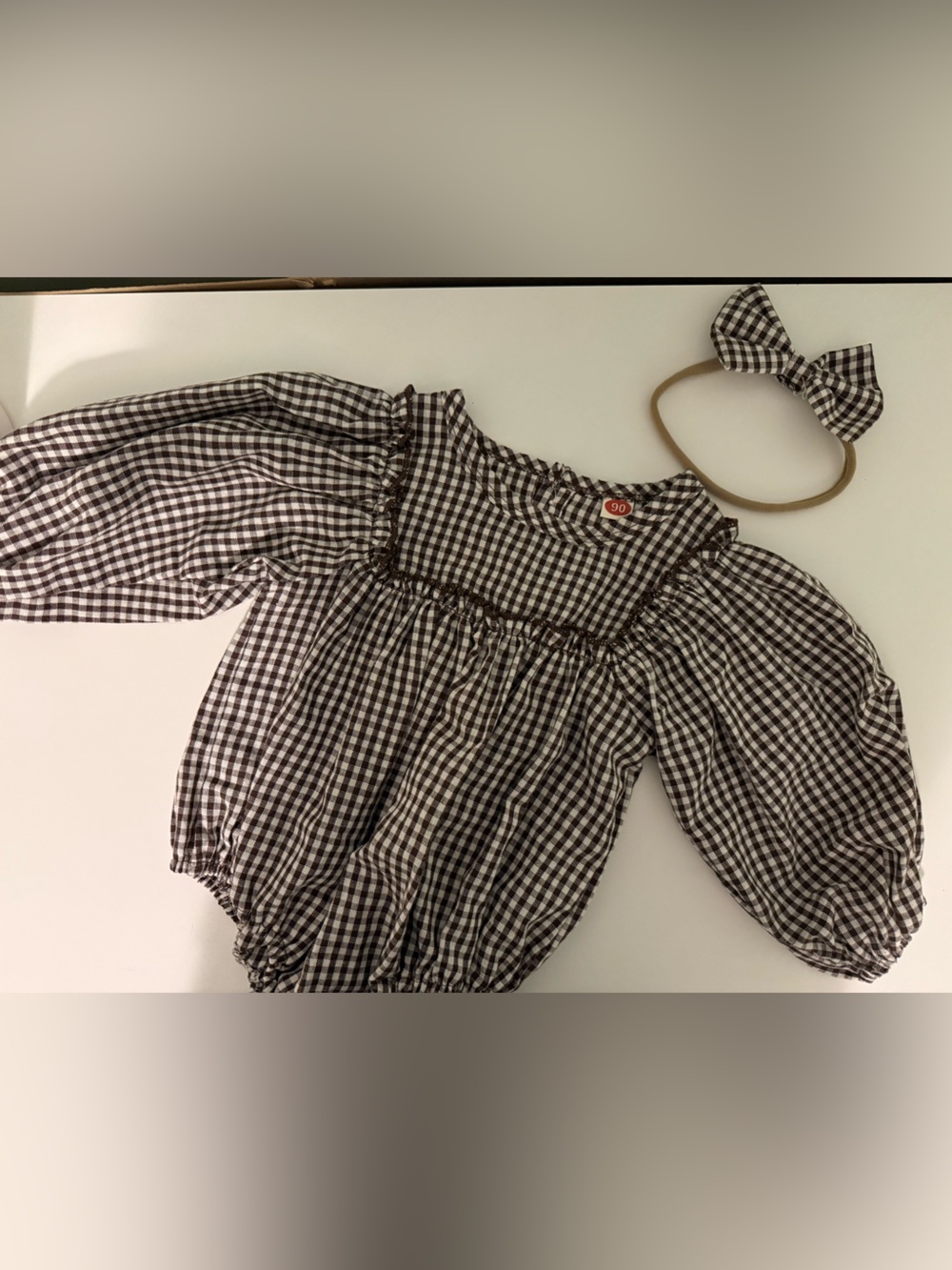 Gingham Puff-Sleeve Baby Romper with Bow Headband - Brown & White